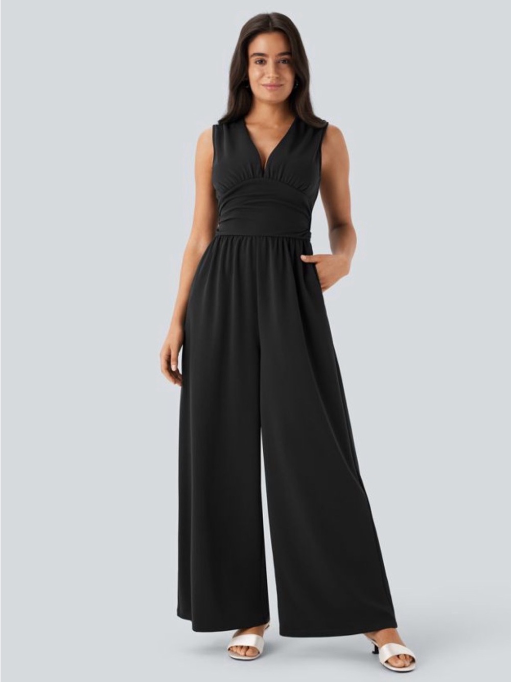 Halara Easy Peezy Jumpsuit Medium Black Wide Leg V Neck Sleeveless NWOT
